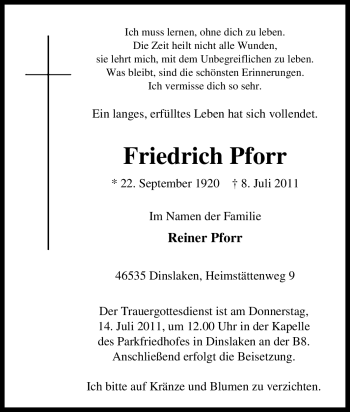Traueranzeige von Friedrich Pforr von Tageszeitung