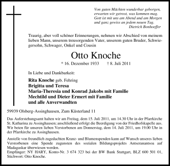 Traueranzeige von Otto Knoche von Tageszeitung
