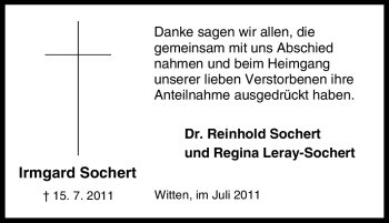 Traueranzeige von Irmgard Sochert von Tageszeitung