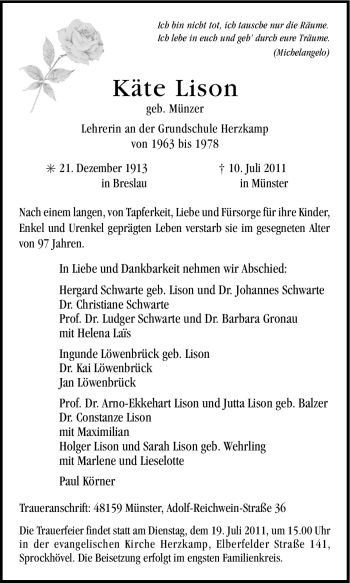 Traueranzeige von Käte Lison von Tageszeitung
