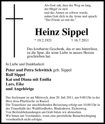 Traueranzeige von Heinz Sippel von Tageszeitung