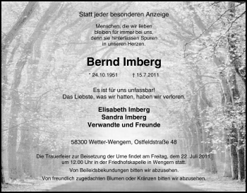 Traueranzeige von Bernd Imberg von Tageszeitung