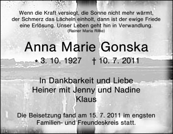 Traueranzeige von Anna Marie Gonska von Tageszeitung