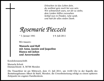 Traueranzeige von Rosemarie Pieczeit von Tageszeitung