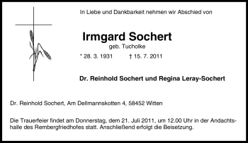 Traueranzeige von Irmgard Sochert von Tageszeitung