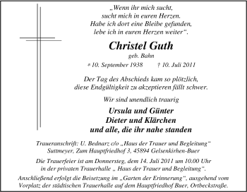 Traueranzeige von Christel Guth von Tageszeitung