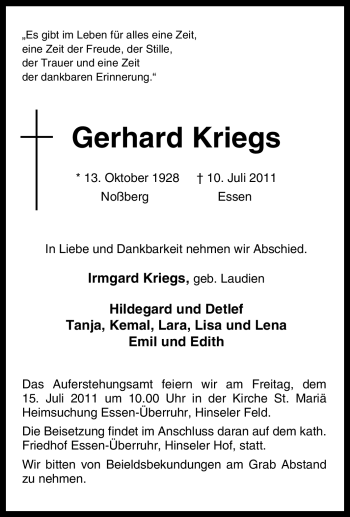 Traueranzeige von Gerhard Kriegs von Tageszeitung
