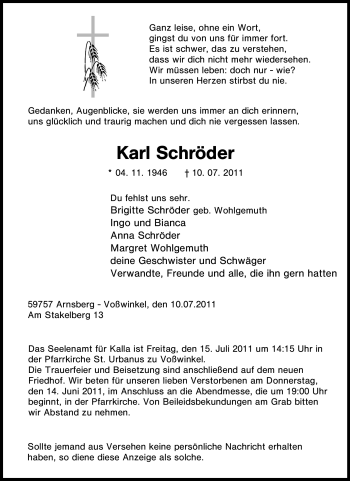 Traueranzeige von Karl Schröder von Tageszeitung