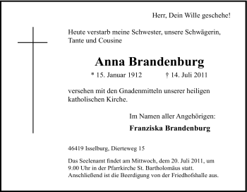 Traueranzeige von Anna Brandenburg von Tageszeitung