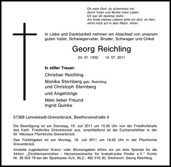Traueranzeige von Georg Reichling von Tageszeitung