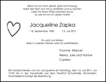 Traueranzeige von Jacqueline Zapka von Tageszeitung