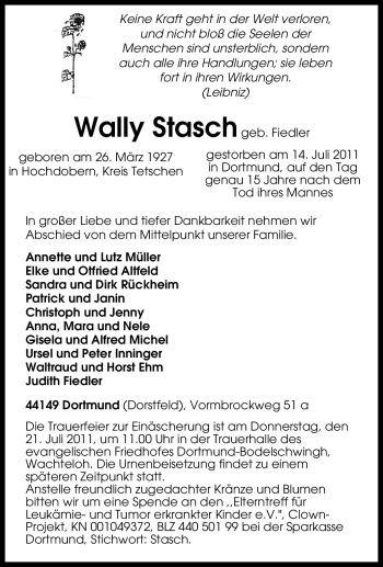 Traueranzeige von Wally Stasch von Tageszeitung