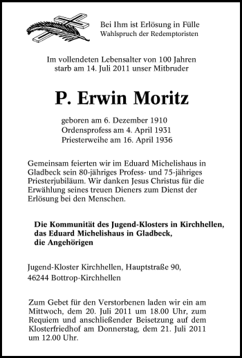 Traueranzeige von P. Erwin Moritz von Tageszeitung
