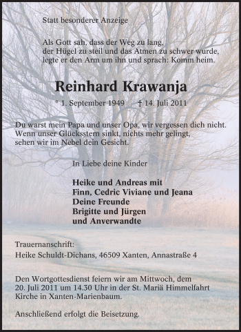 Traueranzeige von Reinhard Krawanja von Tageszeitung