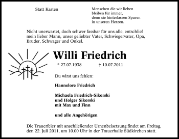 Traueranzeige von Willi Friedrich von Tageszeitung