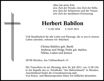 Traueranzeige von Herbert Babilon von Tageszeitung