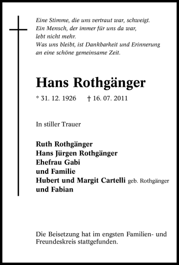 Traueranzeige von Hans Rothgänger von Tageszeitung