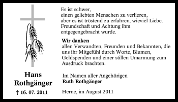 Traueranzeige von Hans Rothgänger von Tageszeitung