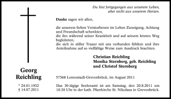 Traueranzeige von Georg Reichling von Tageszeitung