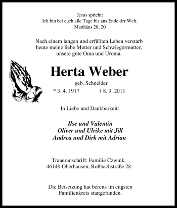 Traueranzeige von Herta Weber von Tageszeitung