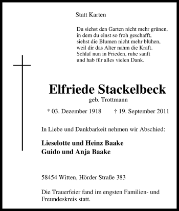 Traueranzeige von Elfriede Stackelbeck von Tageszeitung