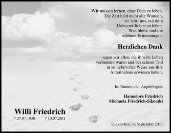 Traueranzeige von Willi Friedrich von Tageszeitung
