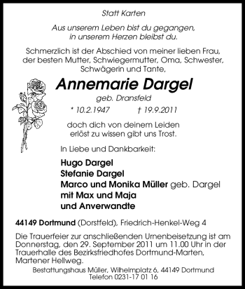 Traueranzeige von Annemarie Dargel von Tageszeitung