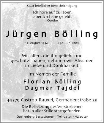 Traueranzeige von Jürgen Bölling von Tageszeitung