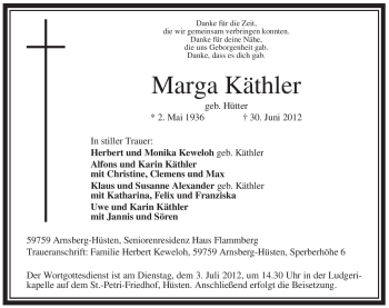 Traueranzeige von Marga Käthler von Tageszeitung