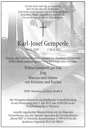 Traueranzeige von Karl-Josef Gemperle von Tageszeitung