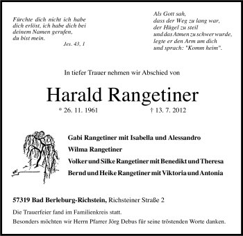Traueranzeige von Harald Rangetiner von Tageszeitung