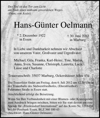 Traueranzeige von Hans-Günter Oelmann von Tageszeitung