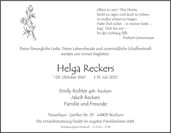 Traueranzeige von Helga Reckers von Tageszeitung