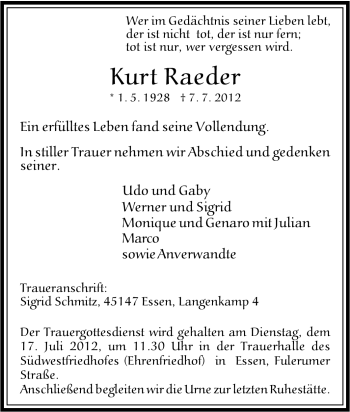 Traueranzeige von Kurt Raeder von Tageszeitung
