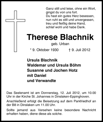 Traueranzeige von Therese Blachnik von Tageszeitung