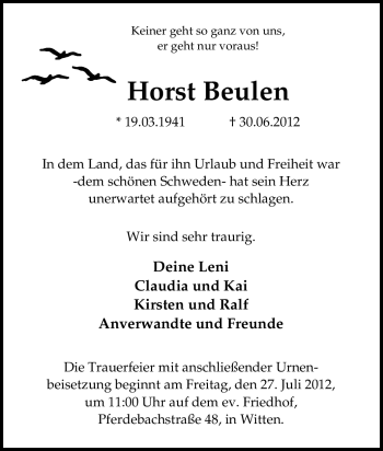 Traueranzeige von Horst Beulen von Tageszeitung