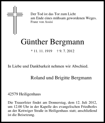 Traueranzeige von Günther Bergmann von Tageszeitung