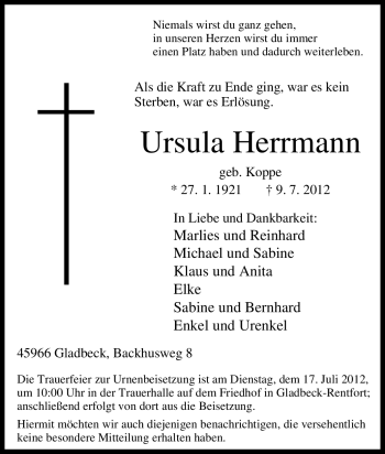 Traueranzeige von Ursula Herrmann von Tageszeitung
