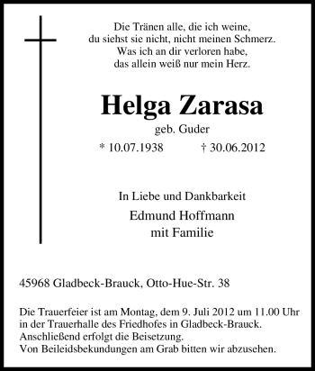 Traueranzeige von Helga Zarasa von Tageszeitung
