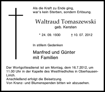 Traueranzeige von Waltraud Tomaszewski von Tageszeitung