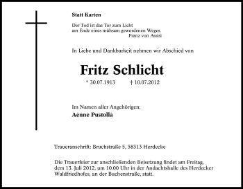 Traueranzeige von Fritz Schlicht von Tageszeitung