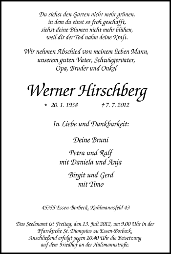 Traueranzeige von Werner Hirschberg von Tageszeitung