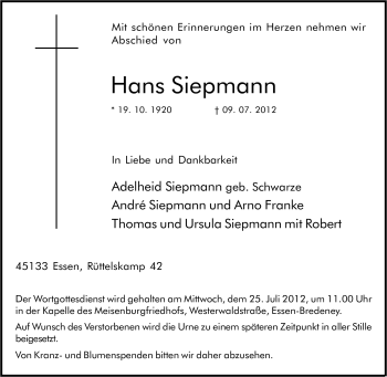 Traueranzeige von Hans Siepmann von Tageszeitung
