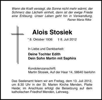 Traueranzeige von Alois Stosiek von Tageszeitung