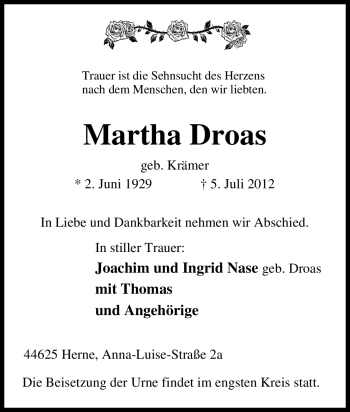Traueranzeige von Martha Droas von Tageszeitung