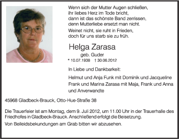 Traueranzeige von Helga Zarasa von Tageszeitung