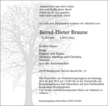 Traueranzeige von Bernd-Dieter Braune von Tageszeitung