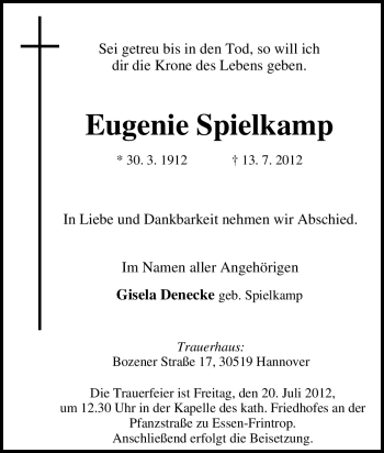 Traueranzeige von Eugenie Spielkamp von Tageszeitung