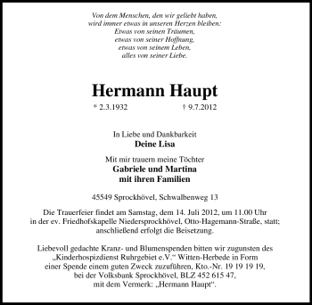 Traueranzeige von Hermann Haupt von Tageszeitung