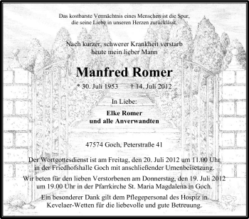 Traueranzeige von Manfred Romer von Tageszeitung
